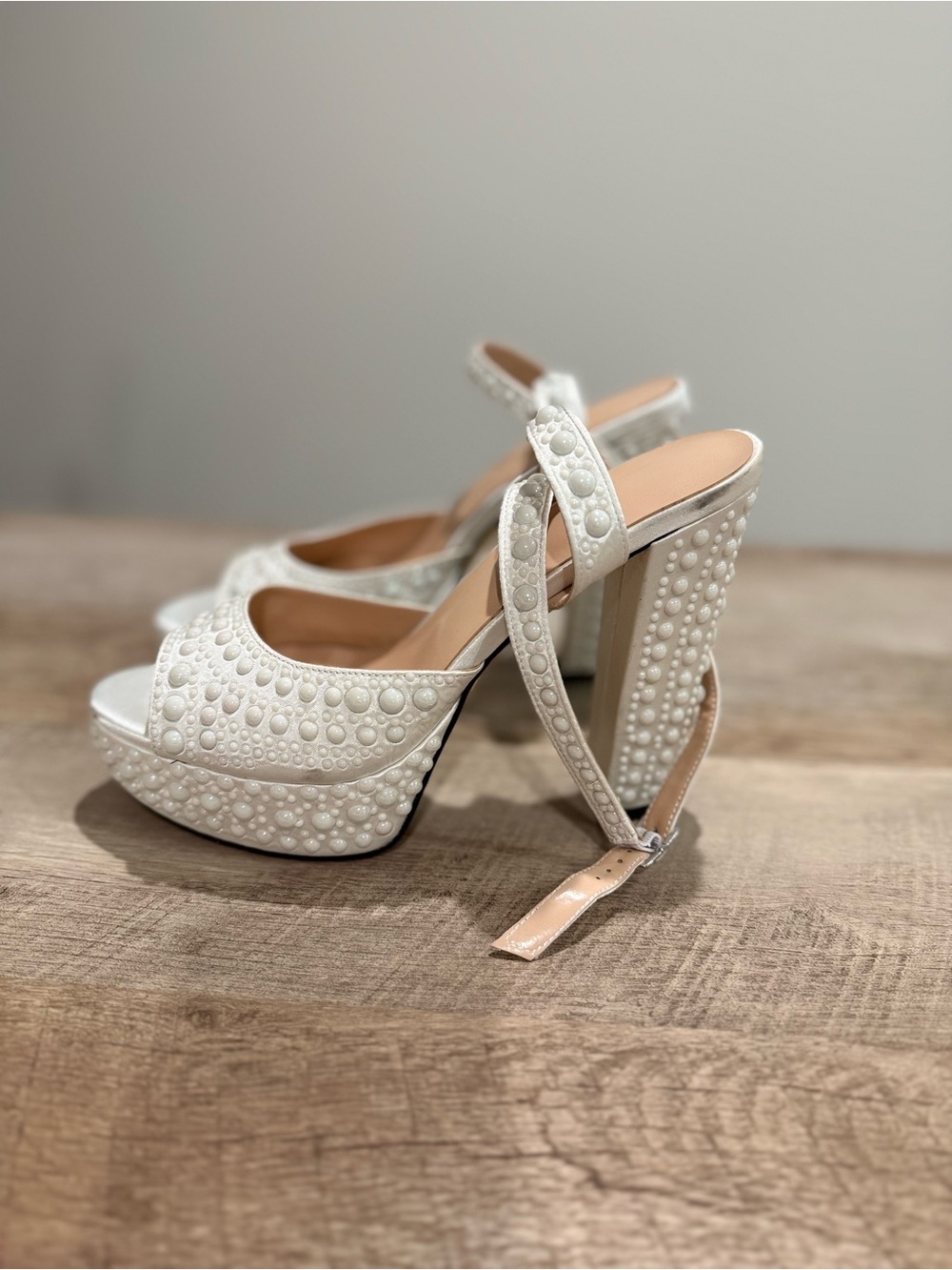 Pearl-Embellished White Platform Sandals - Women; Bridal Heels; wedding heels